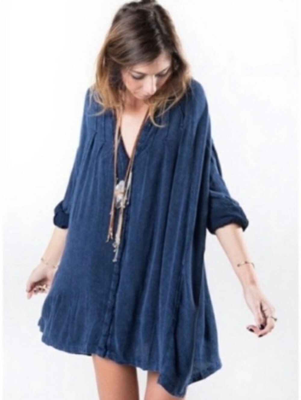 Free People Spin Me Indigo Oversized Tunic Shirt Dress Boho Lagenlook Size Small